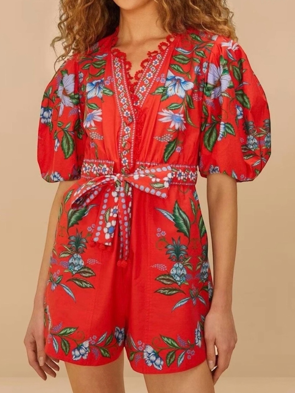 NEW FARM Rio Red Sweet Bloom Bouquet Organic Cotton Puff Sleeve Romper Size XS
